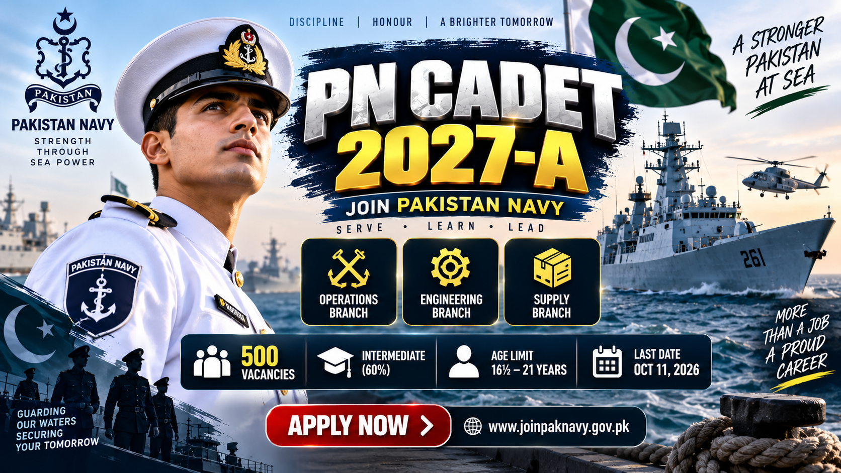 A Pakistan Navy cadet in uniform standing at attention on a military base